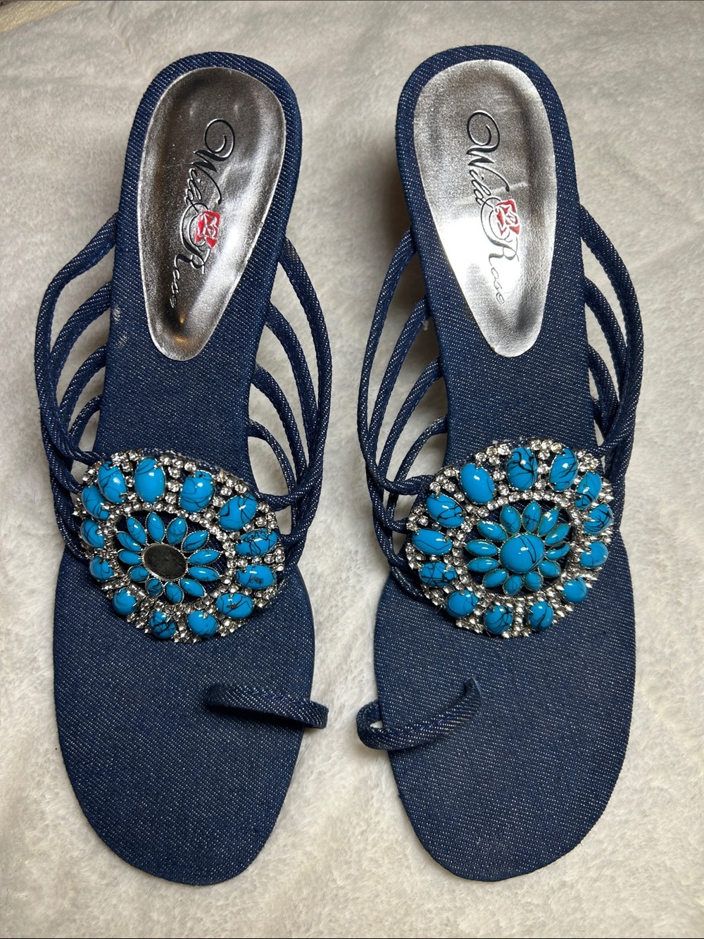 Y2K Wild Rose Denim Heels with Turquoise Jewel Medallions